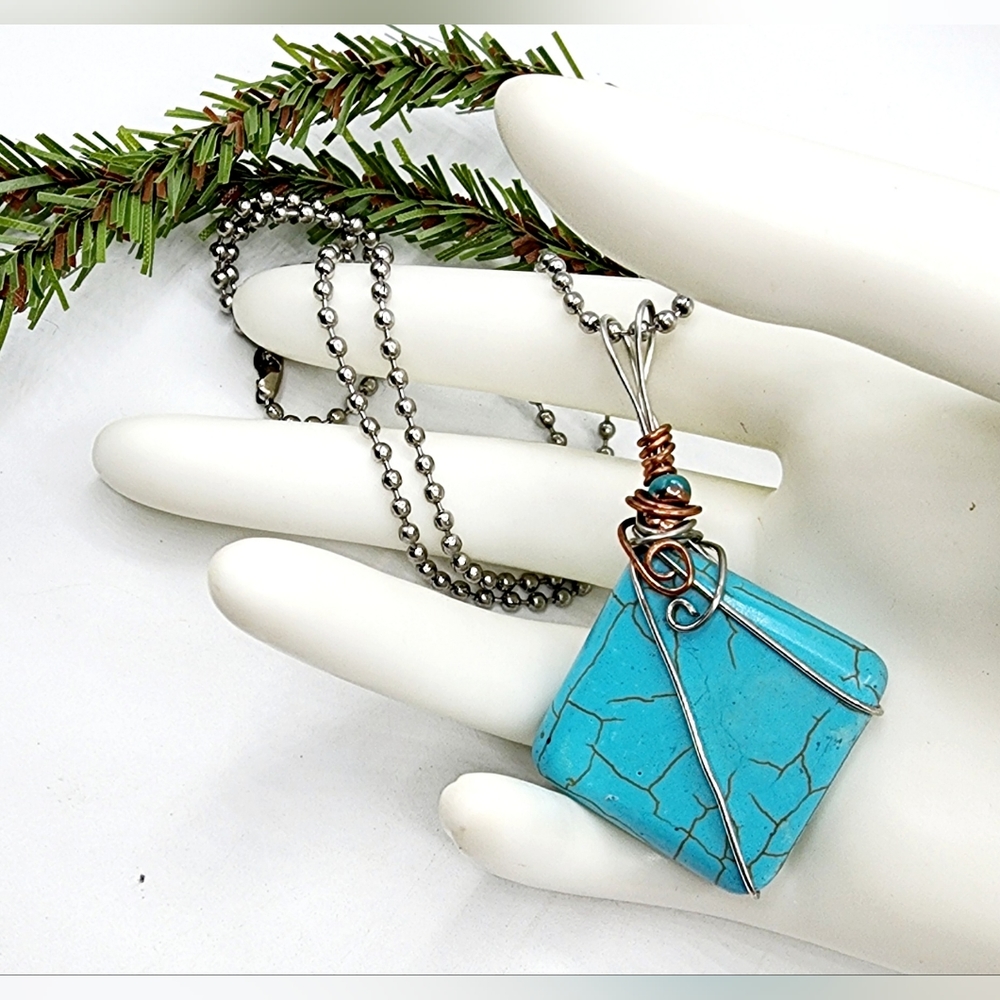 Ballchain necklace, 24in,turquoise color wirewrapped stone, custom made